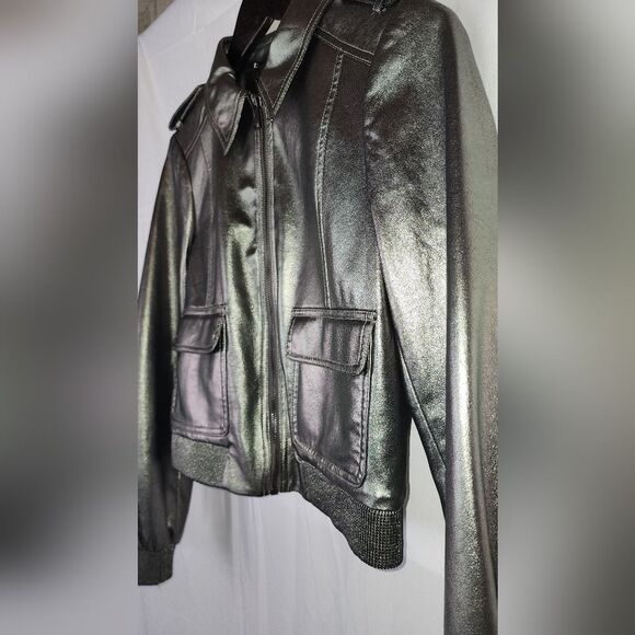 $445 TED BAKER LONDON Women's Metallic Faux Leather Bomber Jacket size 0 - Picture 10 of 12